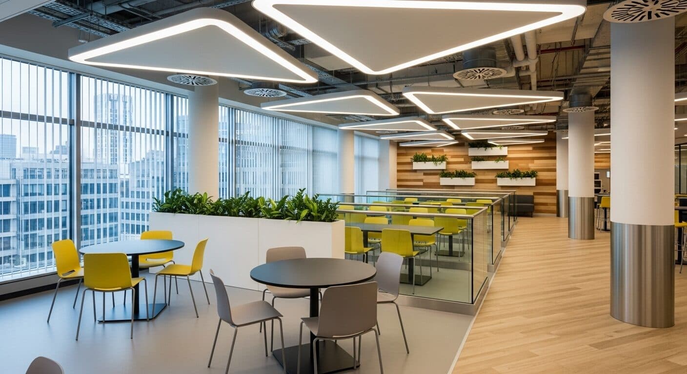 Triangular stretch ceiling light fixture, office application