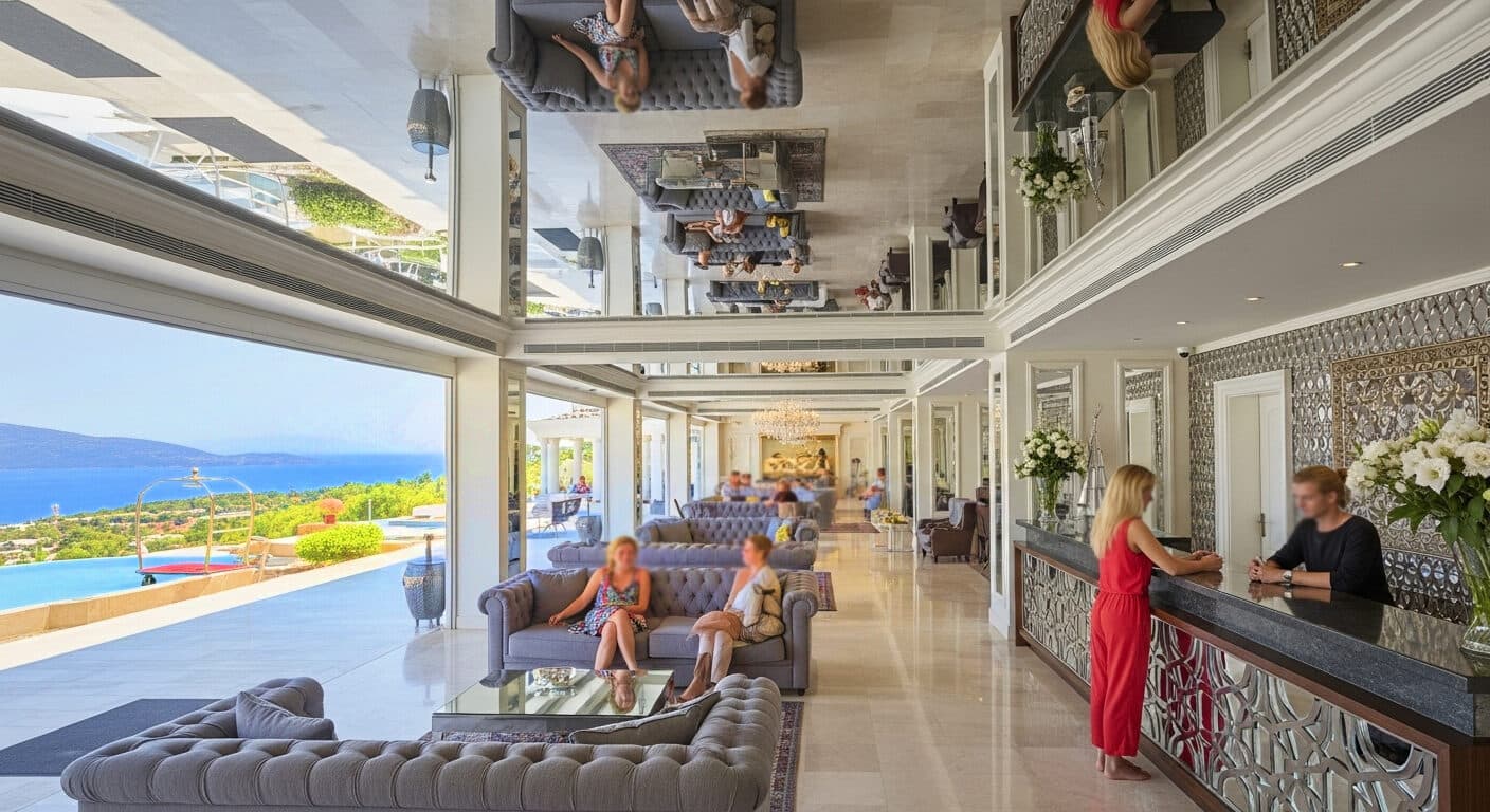 Deniz manzaralı otel lobisinde ayna gergi tavan yansıması