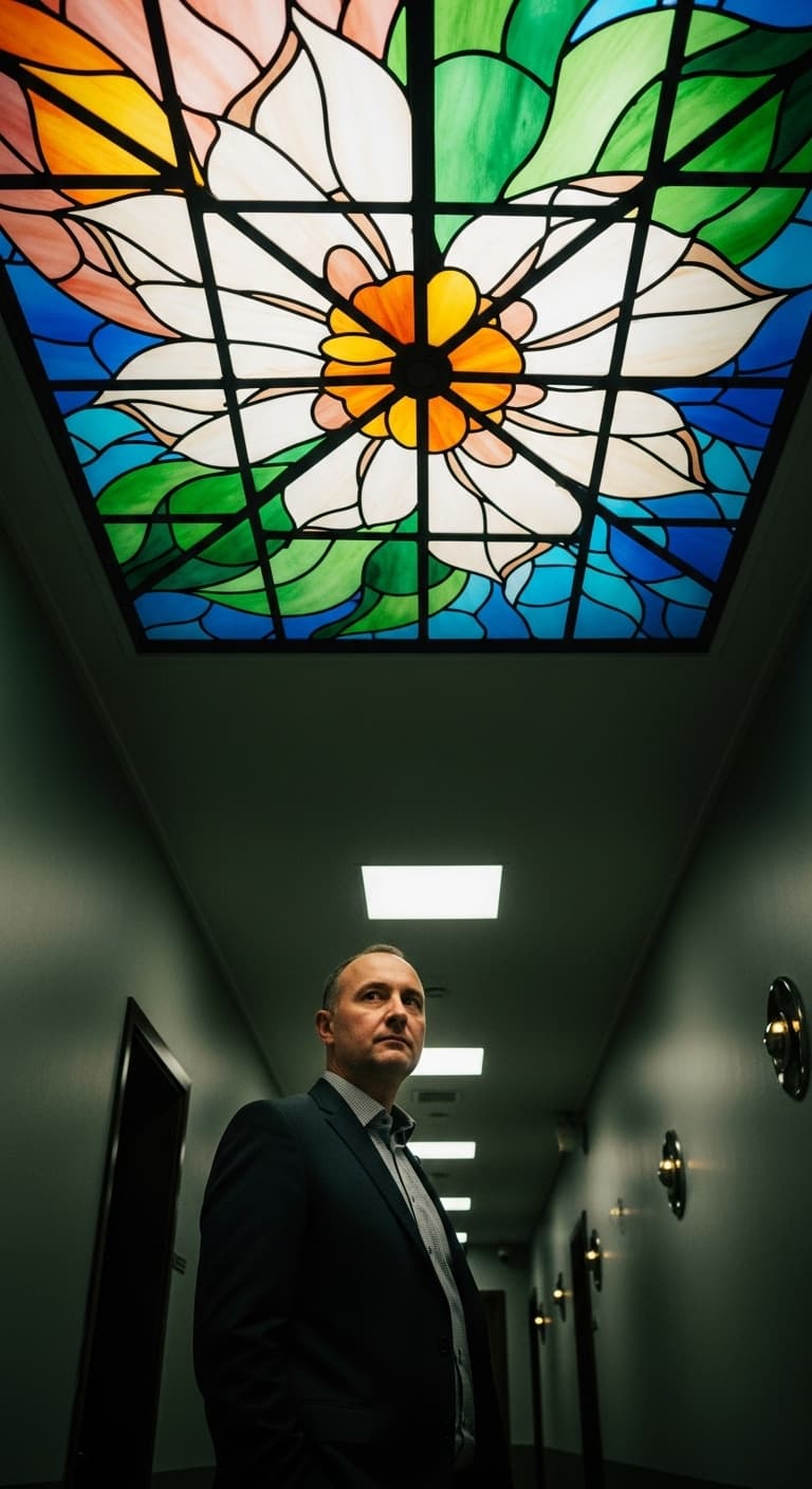 Koridor tavanında vitray desenli baskılı gergi tavan