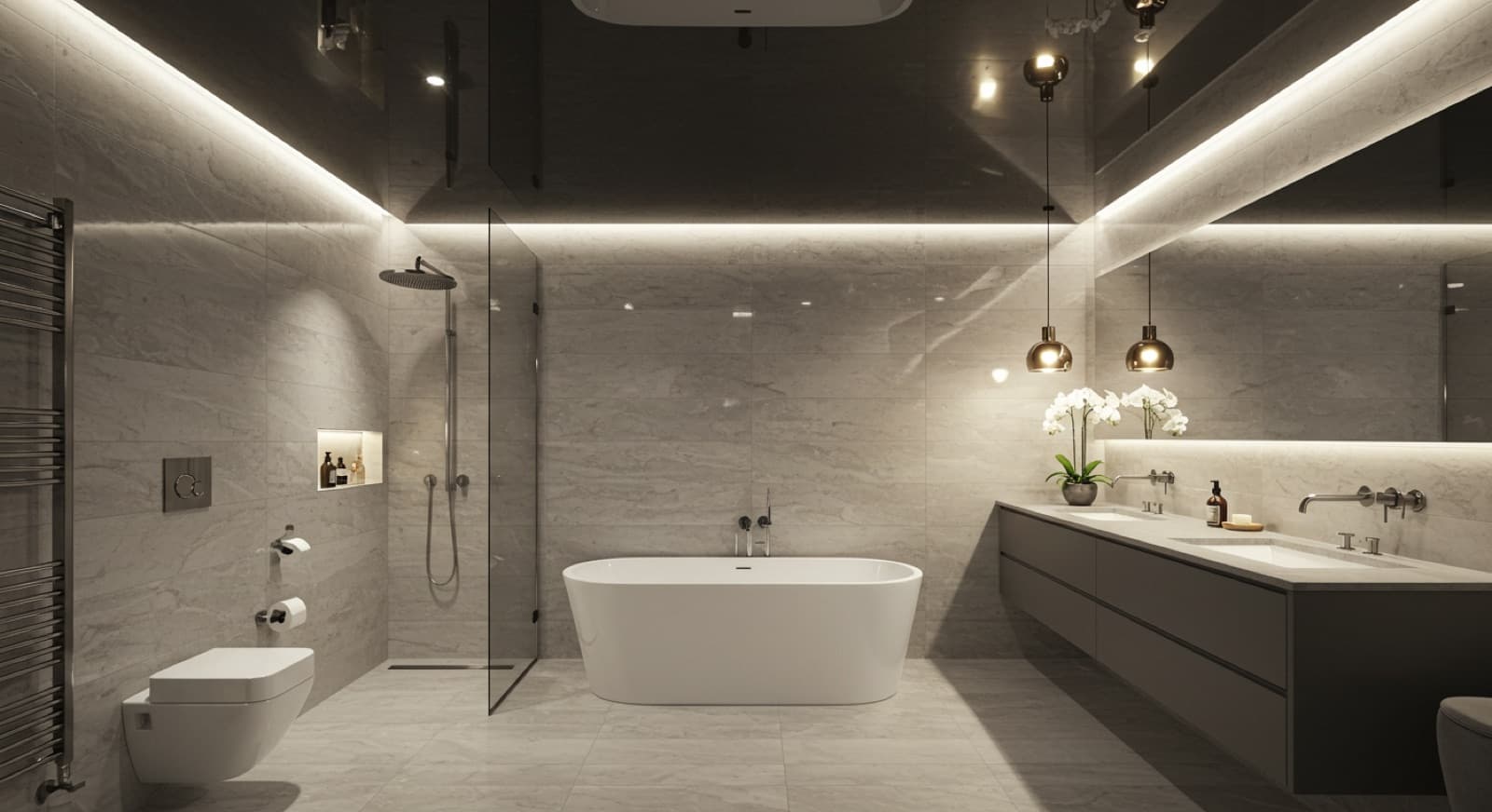 Banyo tavanında siyah lake gergi tavan ve LED şerit aydınlatma