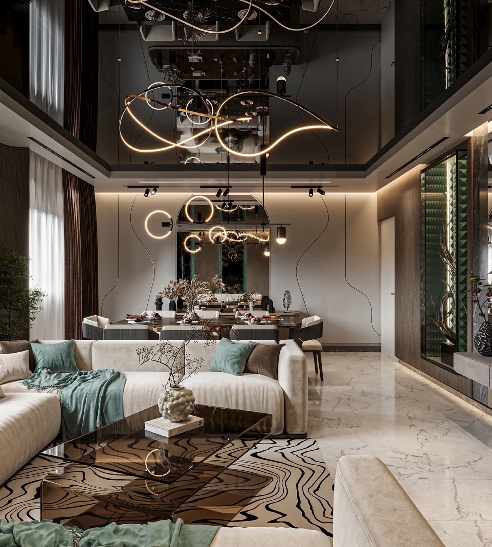 Salon tavanında koyu lake gergi tavan ve LED aydınlatma armatürü