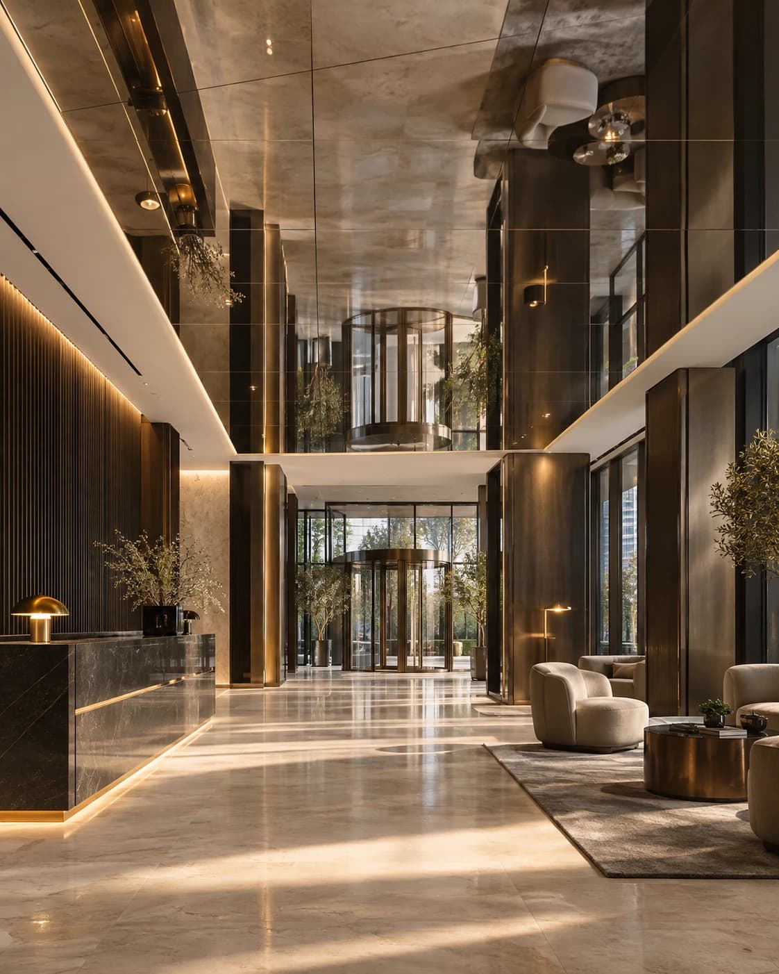 Ayna tavanlı çağdaş otel lobisinin temsili mimari görselleştirmesi