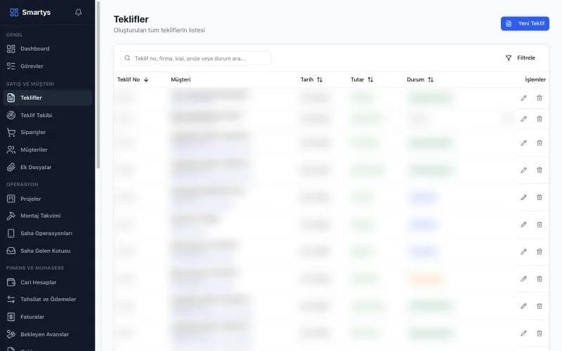 Smartys teklif listesi: teklif numarası, müşteri, tarih, tutar ve durum sütunları