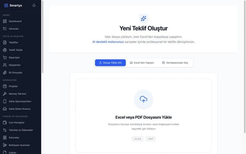 Smartys yeni teklif ekranı: Excel veya PDF dosyasından yapay zekâ ile teklif oluşturma