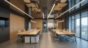 ofis projesinde açık ofiiste kullanılmış mimari ayna gergi tavan ve led aydınlatma görseli